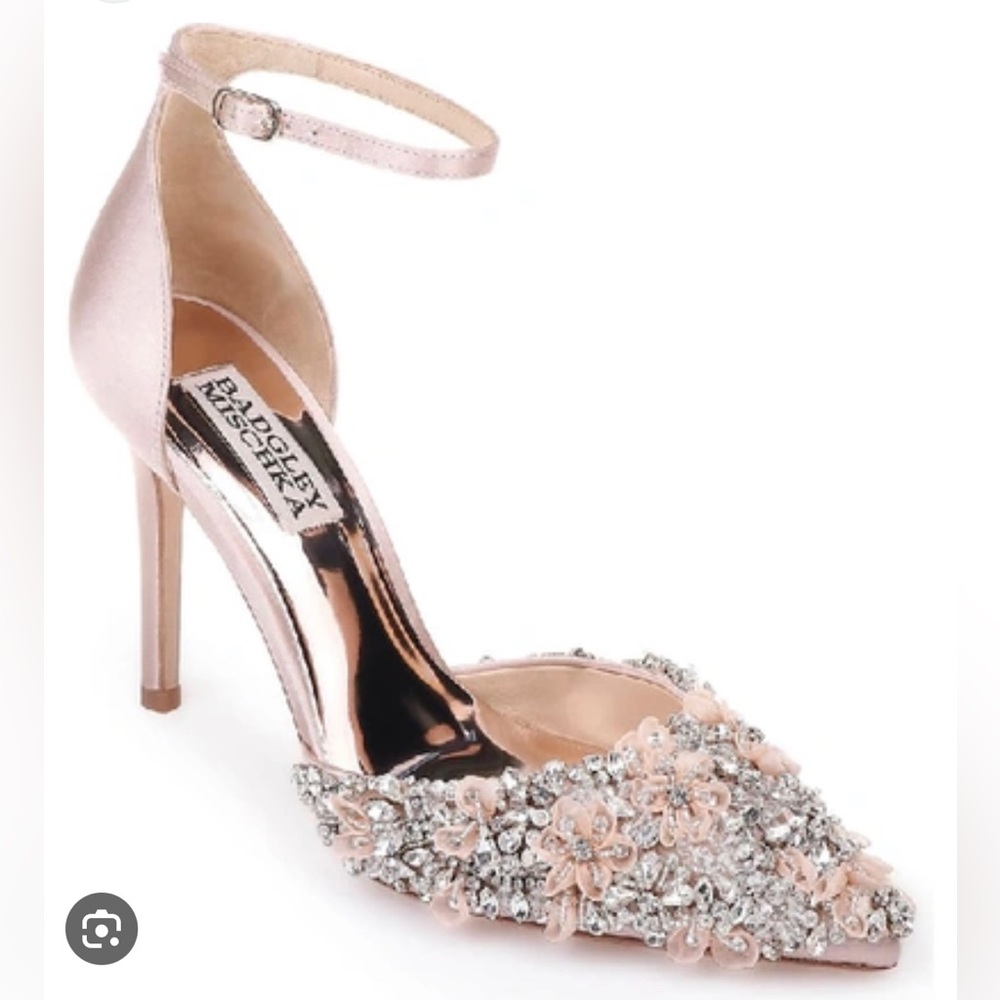 Badgley Mischka Fey Embellished Satin Ankle-wrap Pumps in Soft Blush. Size 8